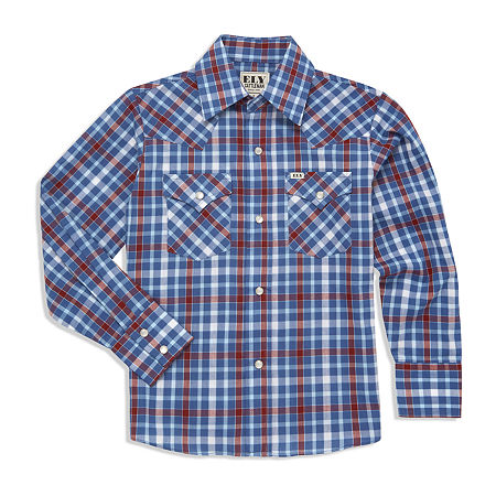 Ely Cattleman Little & Big Boys Heritage Plaid Long Sleeve Button-Down Shirt, Small, Blue