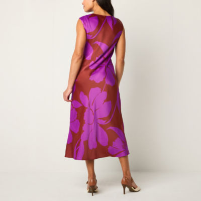 Liz Claiborne Satin Womens Sleeveless Floral Midi A-Line Dress