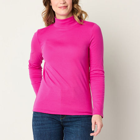 St. John's Bay Womens Mock Neck Long Sleeve T-Shirt, Petite X-large, Pink