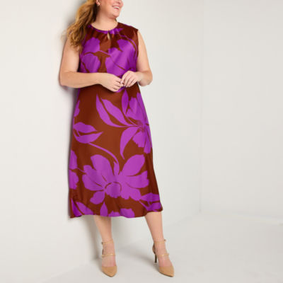 Liz Claiborne Satin Womens Sleeveless Floral Midi A-Line Dress Plus