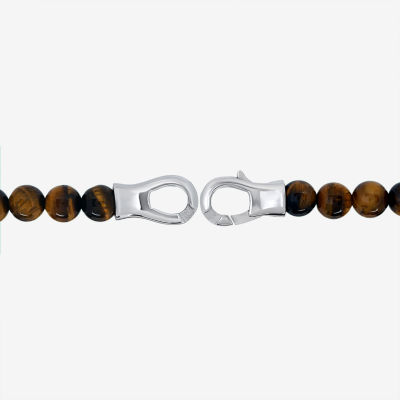 Genuine Brown Tiger's Eye Stainless Steel Beaded Bracelet