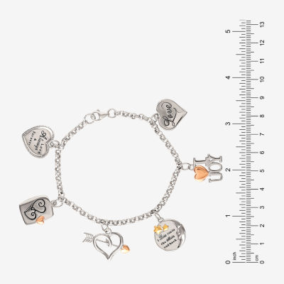 Tri-Tone Sterling Silver Love Heart Charm Bracelet