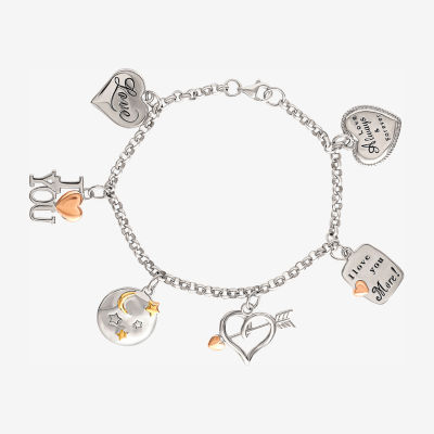 Tri-Tone Sterling Silver Love Heart Charm Bracelet