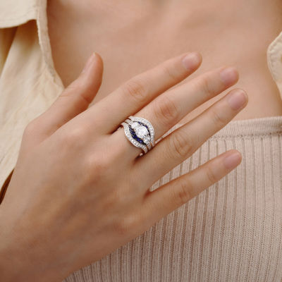 Diamonart® Cubic Zirconia and Lab-Created Blue Sapphire Sterling Silver Engagement Ring Enhancer