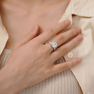 DiamonArt® Womens White Cubic Zirconia Sterling Silver Engagement Ring