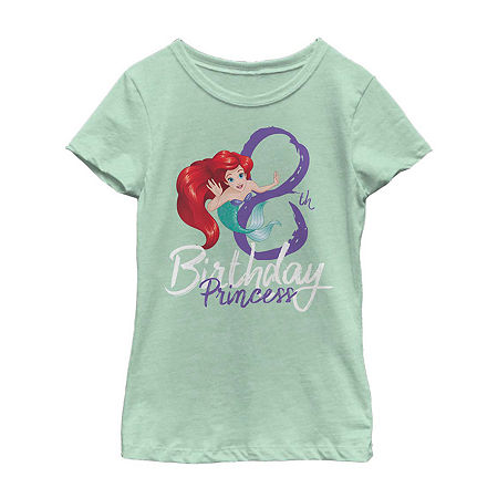 Disney Collection Little & Big Girls Crew Neck Ariel Birthday Short Sleeve Graphic T-Shirt, Small, Green