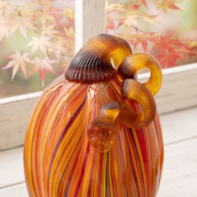 Glitzhome Multi Striped Glass Pumpkin Thanksgiving Tabletop Decor