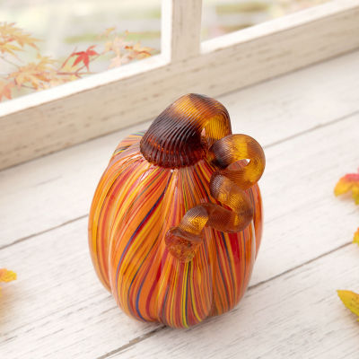 Glitzhome Multi Striped Glass Pumpkin Thanksgiving Tabletop Decor