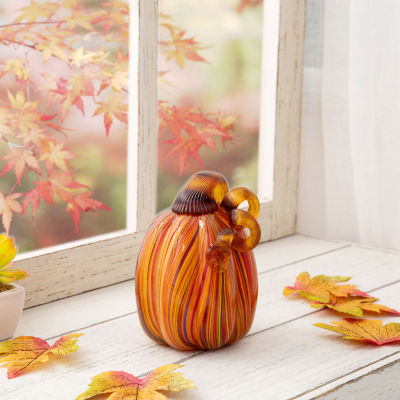 Glitzhome Multi Striped Glass Pumpkin Thanksgiving Tabletop Decor