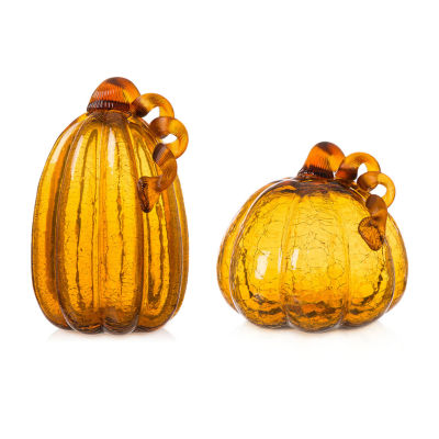 Glitzhome 2-pc. Amber Crackle Glass Pumpkin Thanksgiving Tabletop Decor