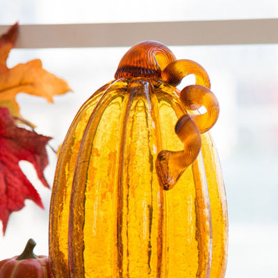 Glitzhome 2-pc. Amber Crackle Glass Pumpkin Thanksgiving Tabletop Decor