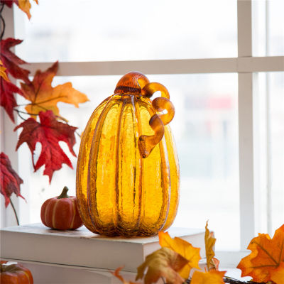 Glitzhome 2-pc. Amber Crackle Glass Pumpkin Thanksgiving Tabletop Decor