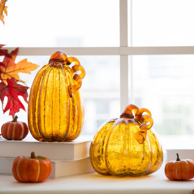 Glitzhome 2-pc. Amber Crackle Glass Pumpkin Thanksgiving Tabletop Decor