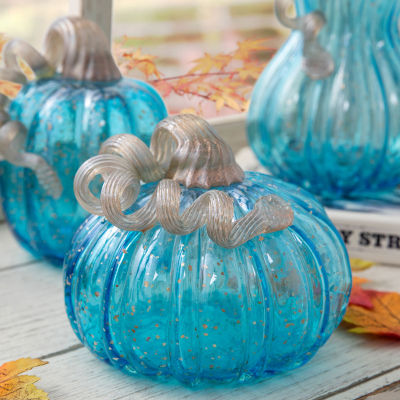 Glitzhome Blue Glass Pumpkin 3-pc. Thanksgiving Tabletop Decor