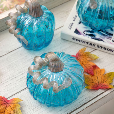 Glitzhome Blue Glass Pumpkin 3-pc. Thanksgiving Tabletop Decor