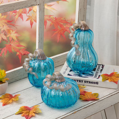 Glitzhome Blue Glass Pumpkin 3-pc. Thanksgiving Tabletop Decor