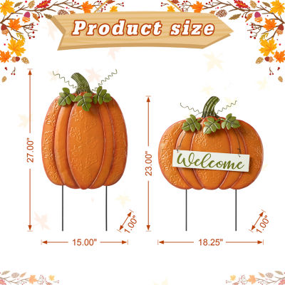 Glitzhome Set Of 2 Fall Metal Pumpkin Yard Stake Christmas Porch Sign