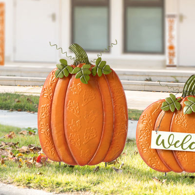 Glitzhome Set Of 2 Fall Metal Pumpkin Yard Stake Christmas Porch Sign