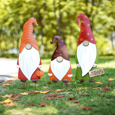 Glitzhome Set Of 3 Fall Metal Gnome Thanksgiving Holiday Yard Art