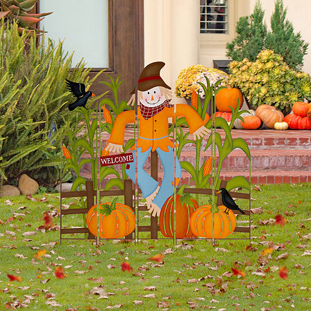 Glitzhome Fall Metal Scarecrow Thanksgiving Yard Art, One Size, Orange