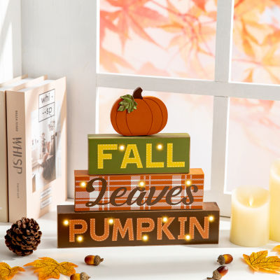 Glitzhome Led Lighted Fall Wooden Block Word Sign Thanksgiving Tabletop Decor