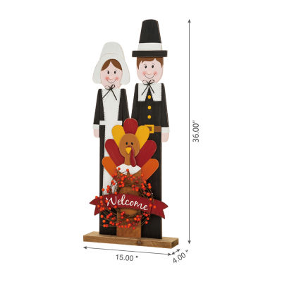 Glitzhome Harvest Wooden Pilgrim Couple Thanksgiving Porch Sign