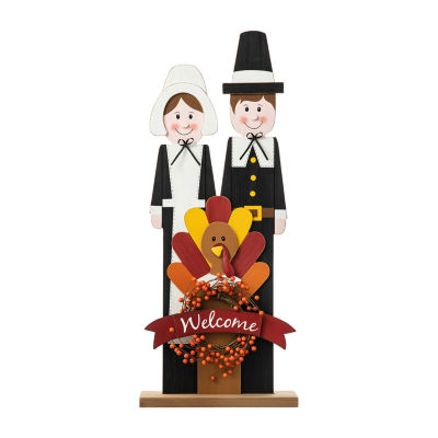 Glitzhome Harvest Wooden Pilgrim Couple Thanksgiving Porch Sign