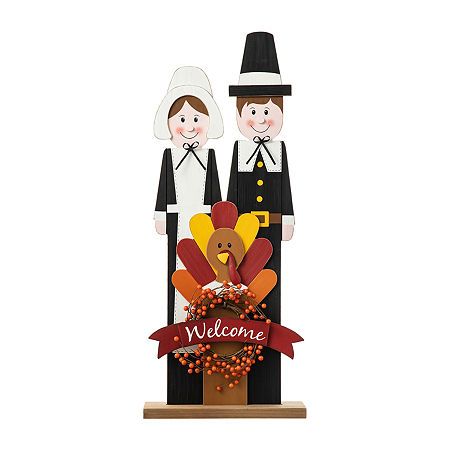 Glitzhome Harvest Wooden Pilgrim Couple Thanksgiving Porch Sign, One Size, Black