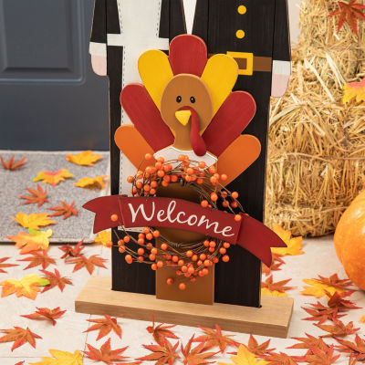 Glitzhome Harvest Wooden Pilgrim Couple Thanksgiving Porch Sign