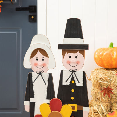 Glitzhome Harvest Wooden Pilgrim Couple Thanksgiving Porch Sign