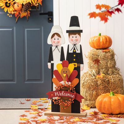 Glitzhome Harvest Wooden Pilgrim Couple Thanksgiving Porch Sign