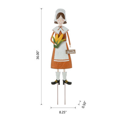 Glitzhome Metal Harvest Pilgrim Girl Thanksgiving Yard Art