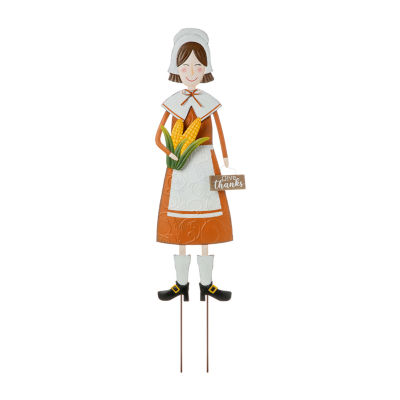 Glitzhome Metal Harvest Pilgrim Girl Thanksgiving Holiday Yard Art