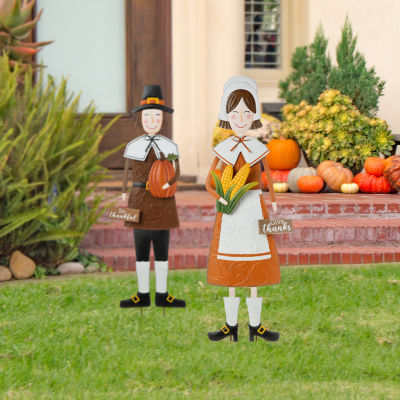 Glitzhome Metal Harvest Pilgrim Girl Thanksgiving Holiday Yard Art