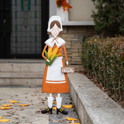 Glitzhome Metal Harvest Pilgrim Girl Thanksgiving Yard Art