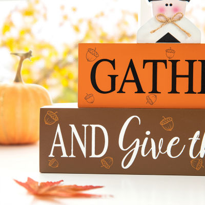 Glitzhome Harvest Wooden Pilgrim Block Sign Thanksgiving Tabletop Decor