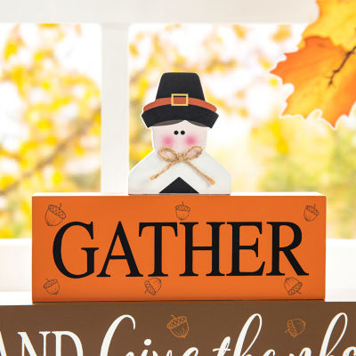 Glitzhome Harvest Wooden Pilgrim Block Sign Thanksgiving Tabletop Decor