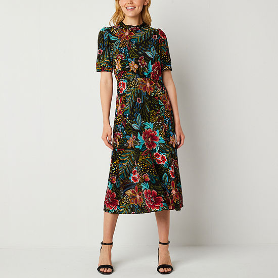Maia Short Sleeve Floral Midi Fit + Flare Dress, Color: Black Multi ...