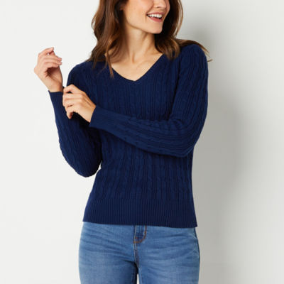 St. John's Bay Womens V Neck Cable Knit Pullover Sweater