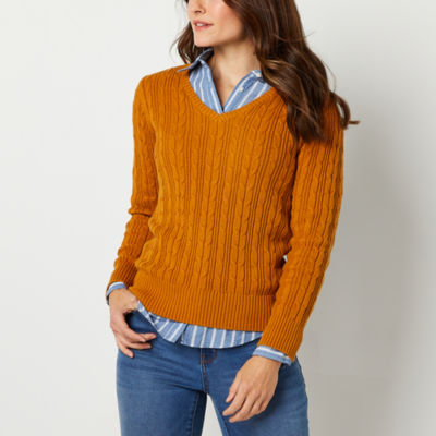 St. John's Bay Womens V Neck Cable Knit Pullover Sweater