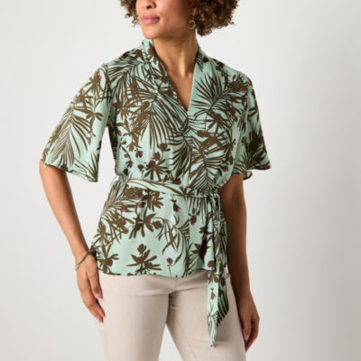 Liz Claiborne Tall Womens V Neck Short Sleeve Satin Blouse