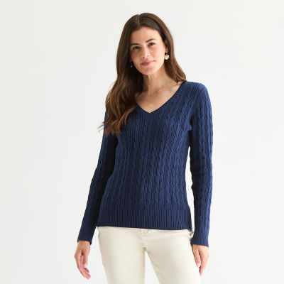 St. John's Bay Tall Womens V Neck Long Sleeve Cable Knit Pullover Sweater