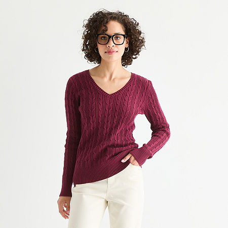 St. John's Bay Tall Womens V Neck Long Sleeve Cable Knit Pullover Sweater In Burgundy