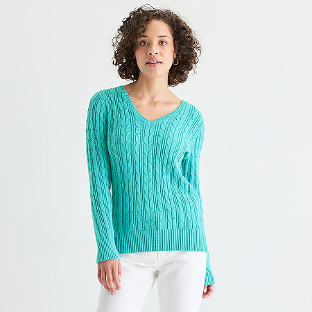 St. John's Bay Tall Womens V Neck Long Sleeve Cable Knit Pullover Sweater In Multi