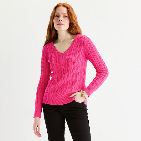 St. John's Bay Tall Womens V Neck Long Sleeve Cable Knit Pullover Sweater In Multi