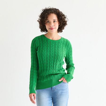 St. John's Bay Tall Womens Crew Neck Long Sleeve Cable Knit Pullover Sweater In Multi