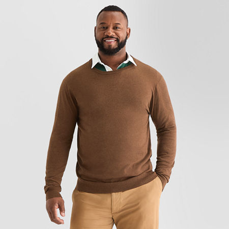 St. John's Bay Fine Gauge Big And Tall Mens Crew Neck Long Sleeve Pullover Sweater In Brown
