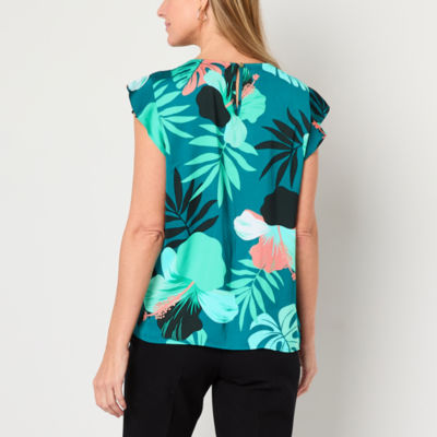 Liz Claiborne Womens Crew Neck Short Sleeve Satin Blouse