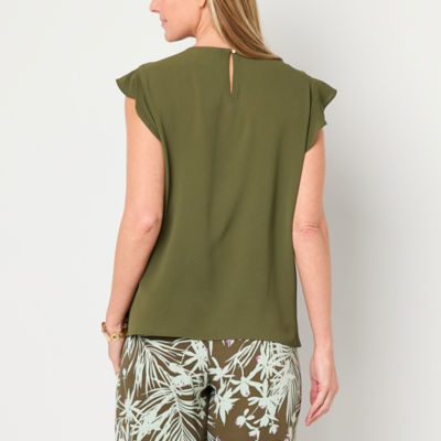 Liz Claiborne Womens Crew Neck Short Sleeve Satin Blouse