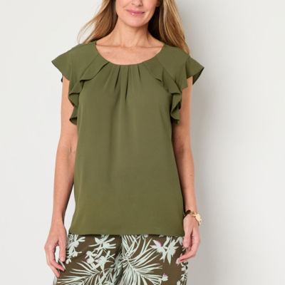 Liz Claiborne Womens Crew Neck Short Sleeve Satin Blouse